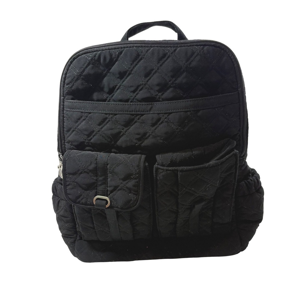Vera Bradley Black Quilted Cotton Campus Backpack Multi Pocket Travel Bag Solid